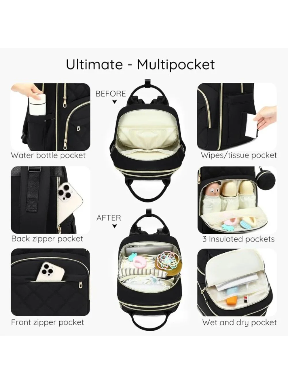 Stylish Large Diaper Bag Backpack with Changing Pad, Insulated Wet/Dry Pocket